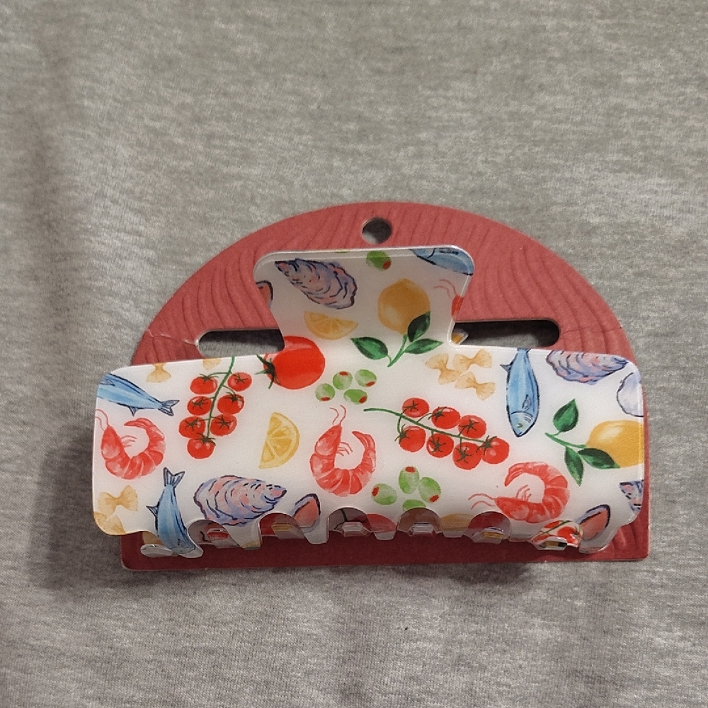 🐚🍋 Coastal Seafood Print Hair Claw Clip 🍅🐟